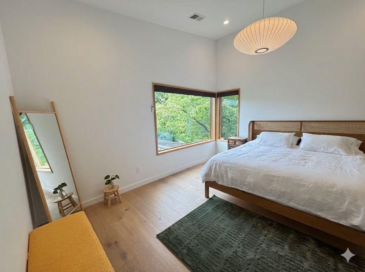 Primary bedroom with king bed, white bedding, cane headboard, pendant light, and corner window with greenery