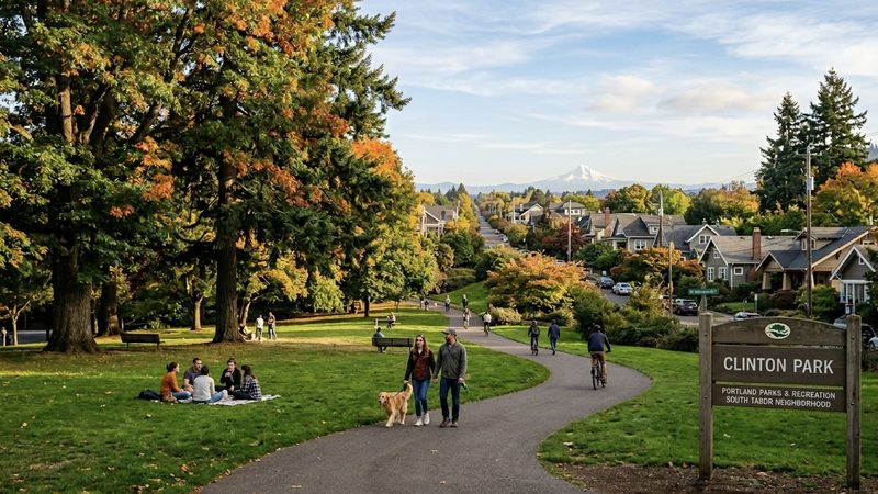 Clinton Park in South Tabor with walking paths, fall foliage, and Mt. Hood view
