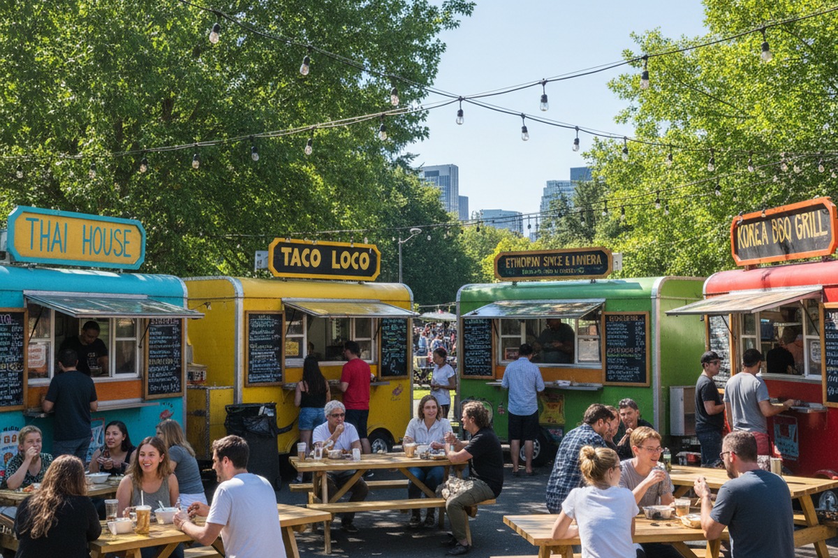 Colorful food carts at a Portland food cart pod