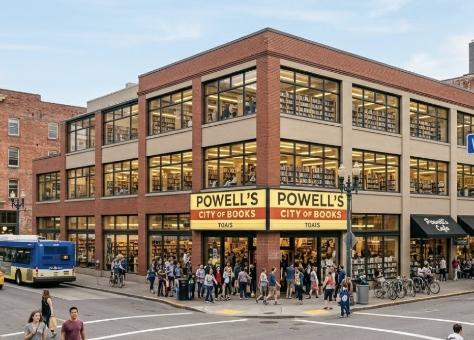 Powell's City of Books exterior with iconic signage and crowds of visitors
