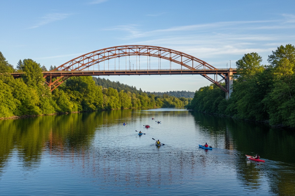 Sellwood Bridge over the Willamette River with kayakers on a sunny day