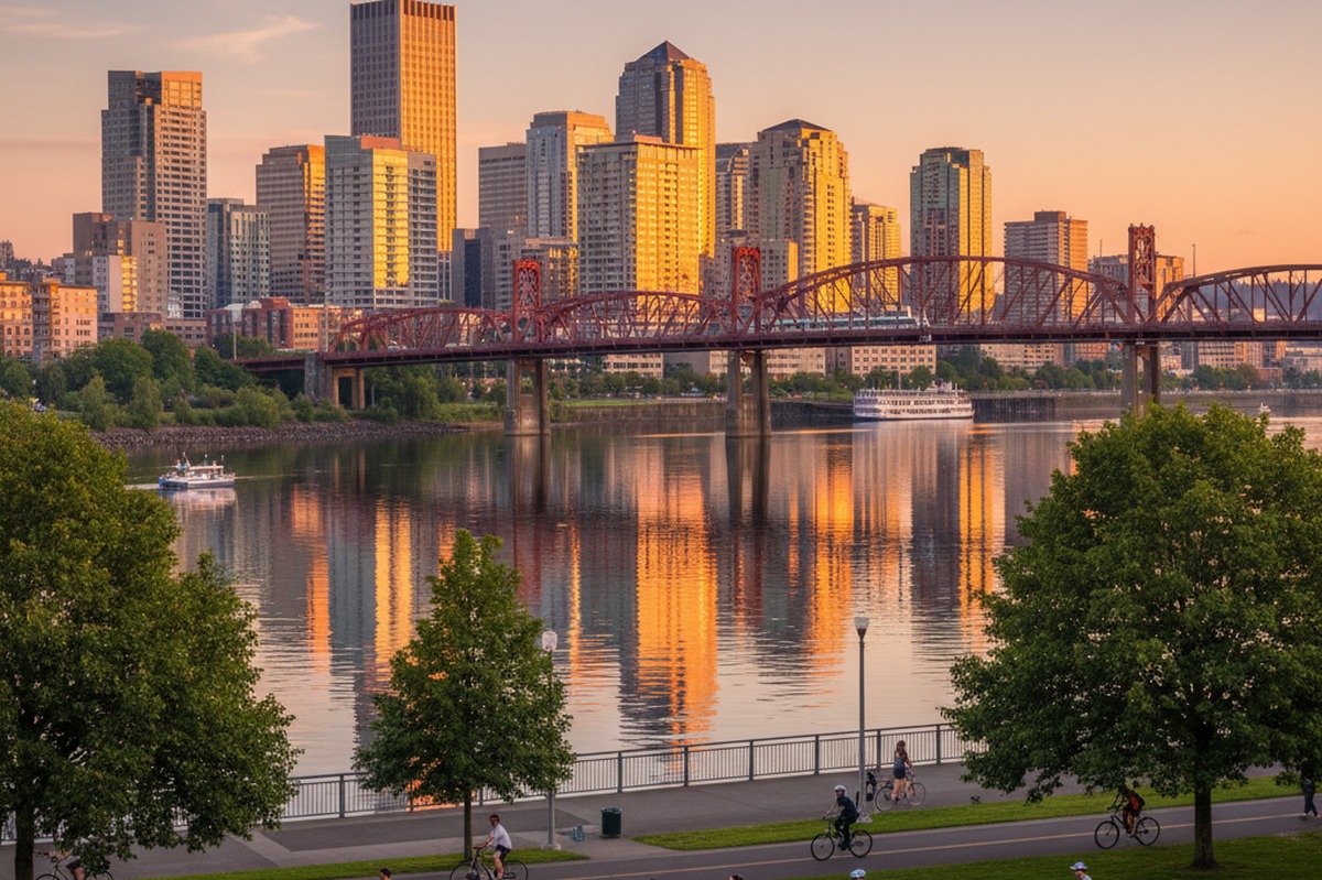 Willamette River with Portland skyline, bridges, and waterfront trail